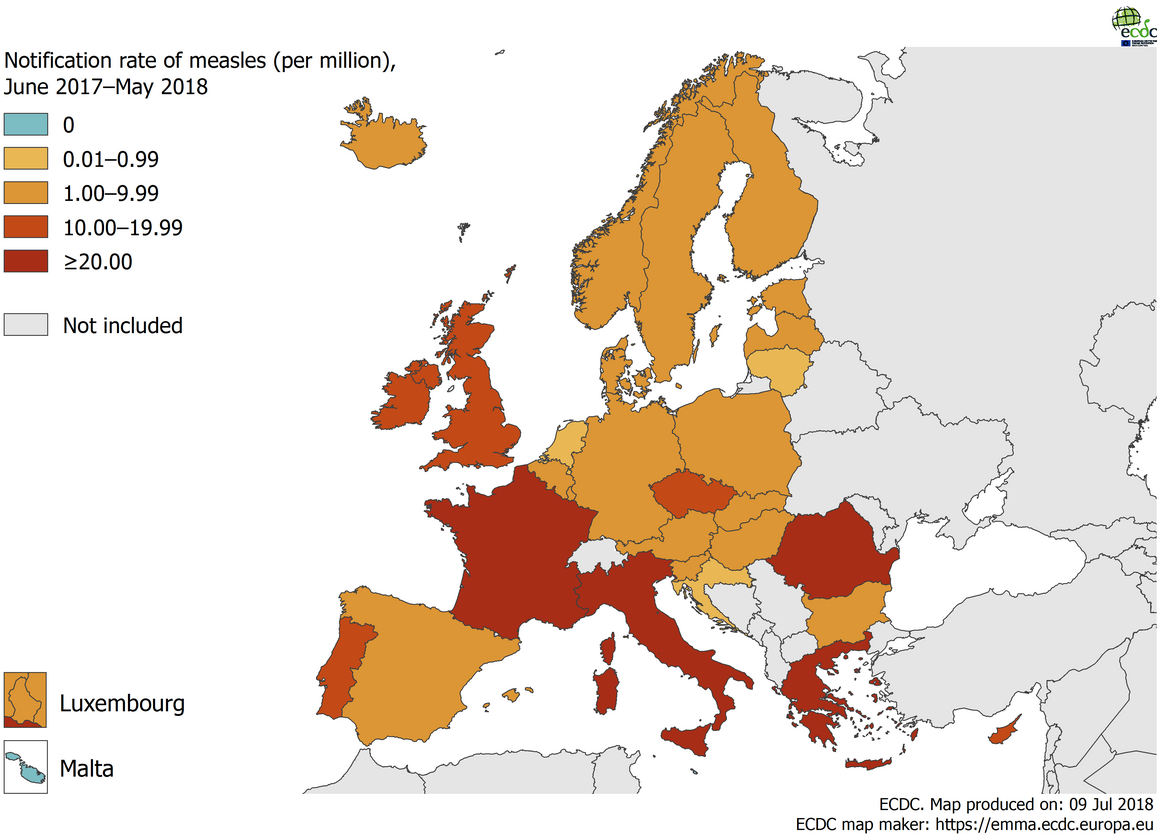 Measles notification rate per million population by country, June 2017 – May 2018, EU/EEA countries