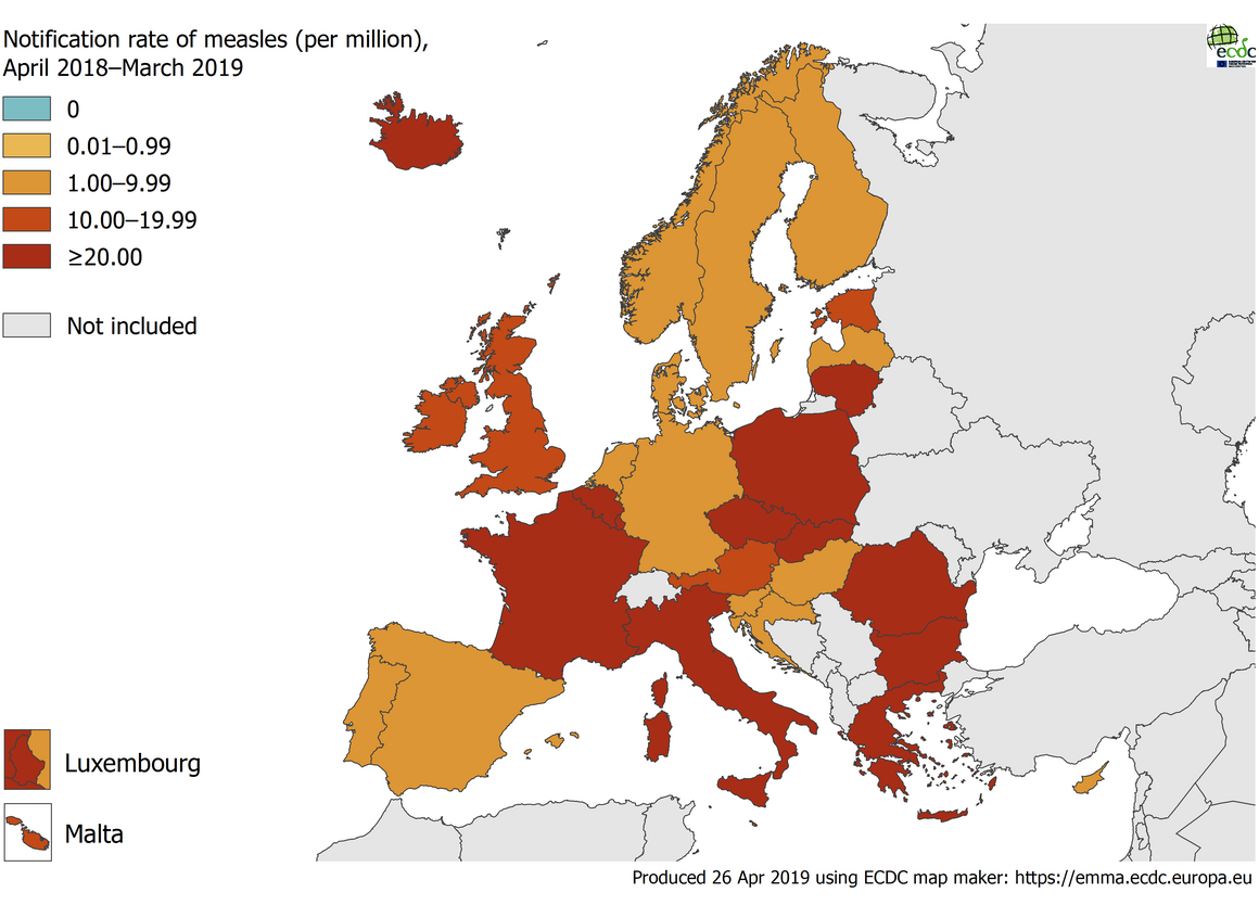 Measles notification rate per million population by country, EU/EEA, 1 April 2018 to 31 March 2019