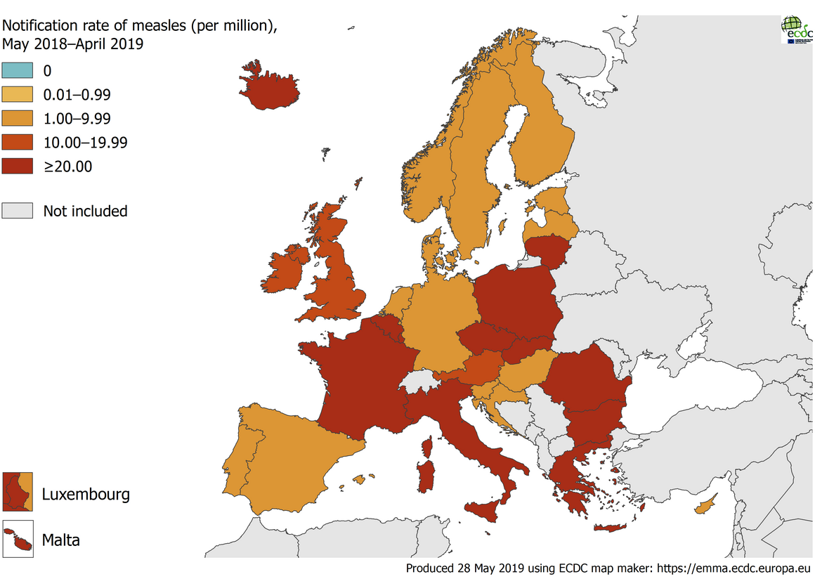 Measles notification rate per million population by country, EU/EEA, 1 May 2018–30 April 2019