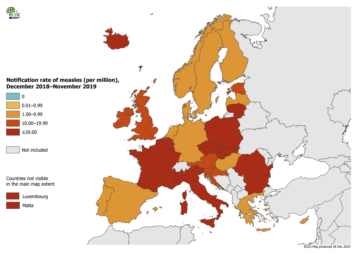 Measles notification rate per million population by country, EU/EEA, 1 December 2018–30 November 2019