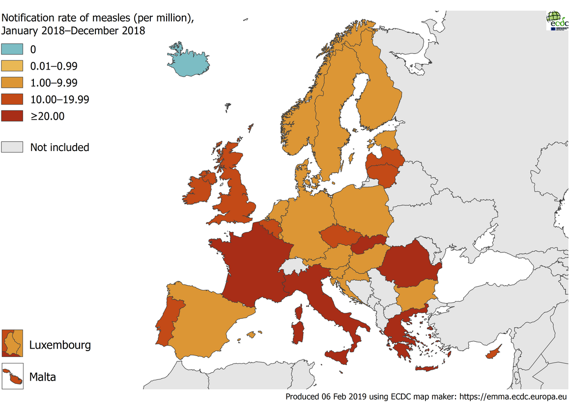 Measles notification rate per million population by country, EU/EEA, 1 January 2018 to 31 December 2018