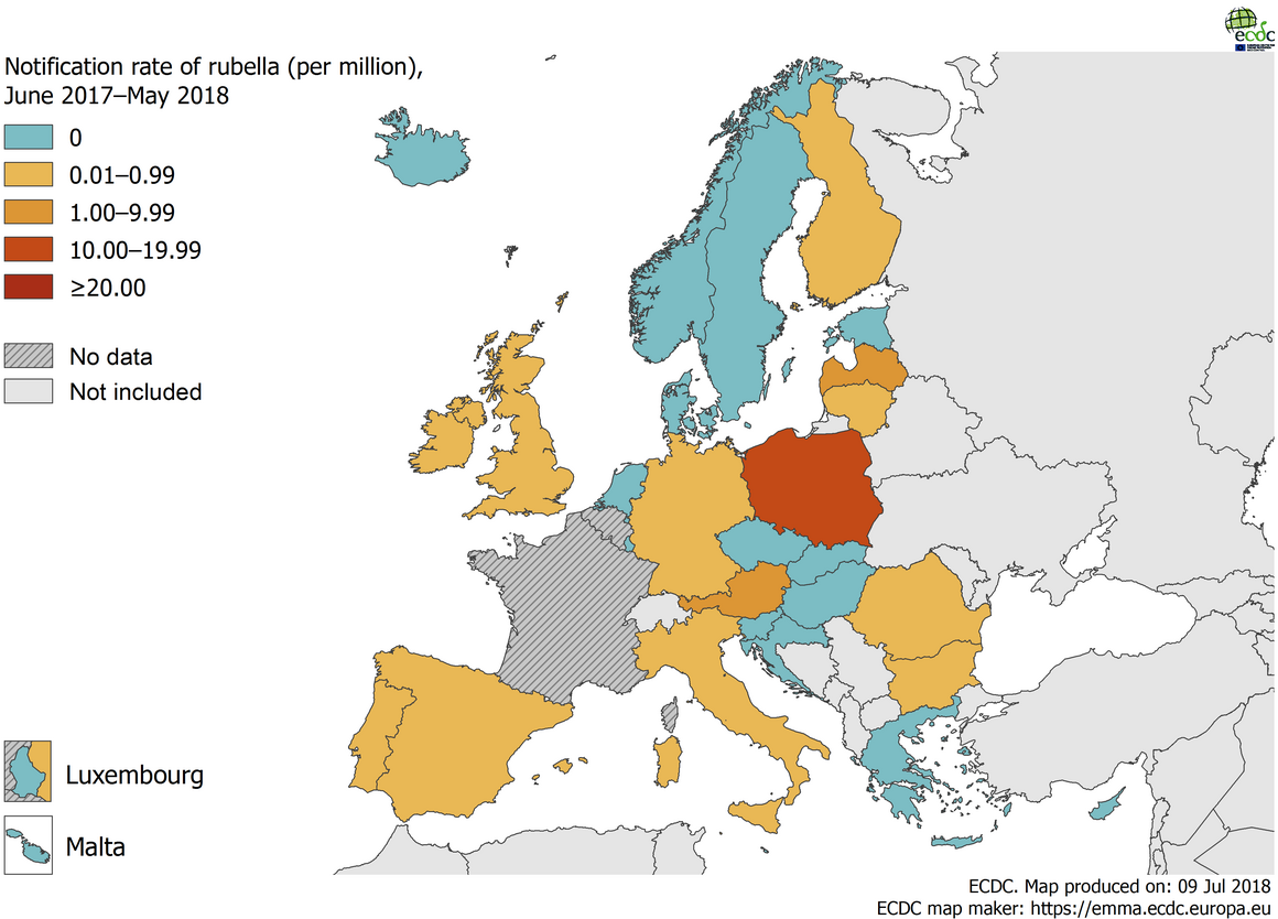 Rubella notification rate per million population by country, 1 June 2017 – 31 May 2018, EU/EEA countries