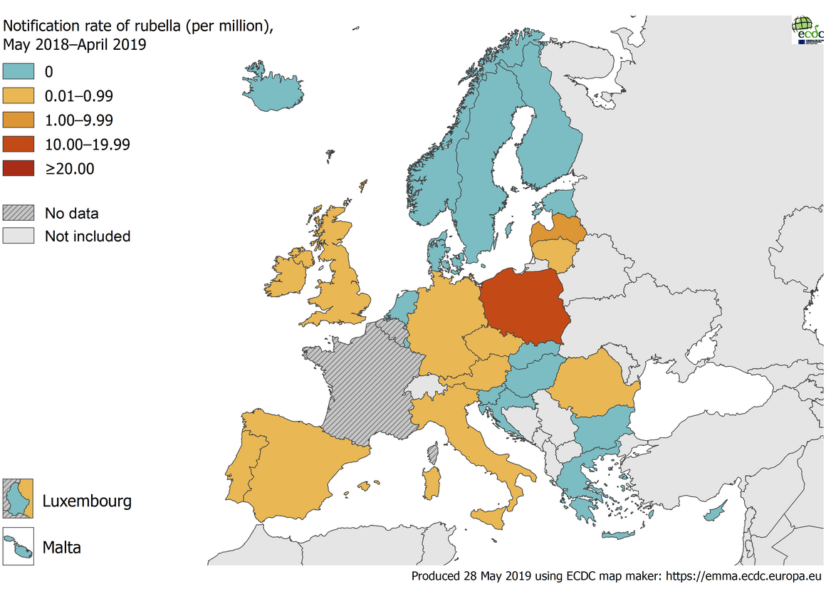 Rubella notification rate per million population by country, EU/EEA, 1 May 2018–30 April 2019