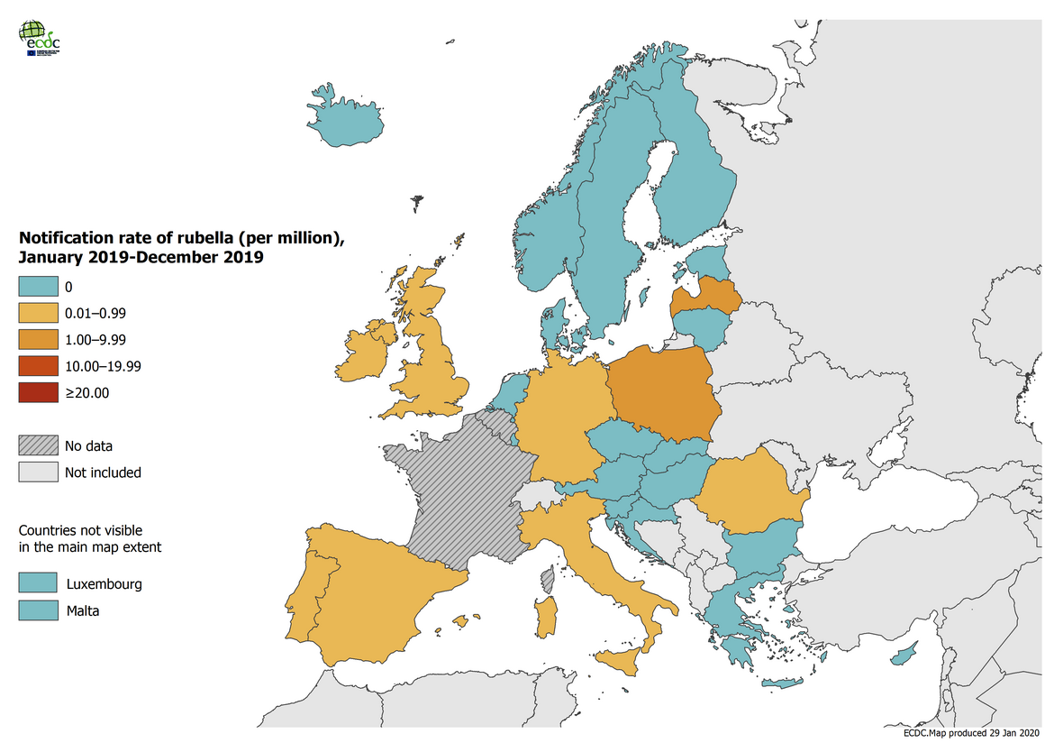 Rubella notification rate per million population by country, EU/EEA, 1 January 2019–31 December 2019