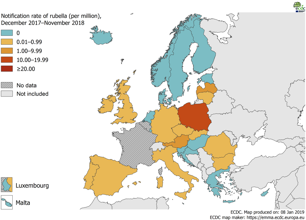 Rubella notification rate per million population by country, EU/EEA, 1 December 2017 to 30 November 2018