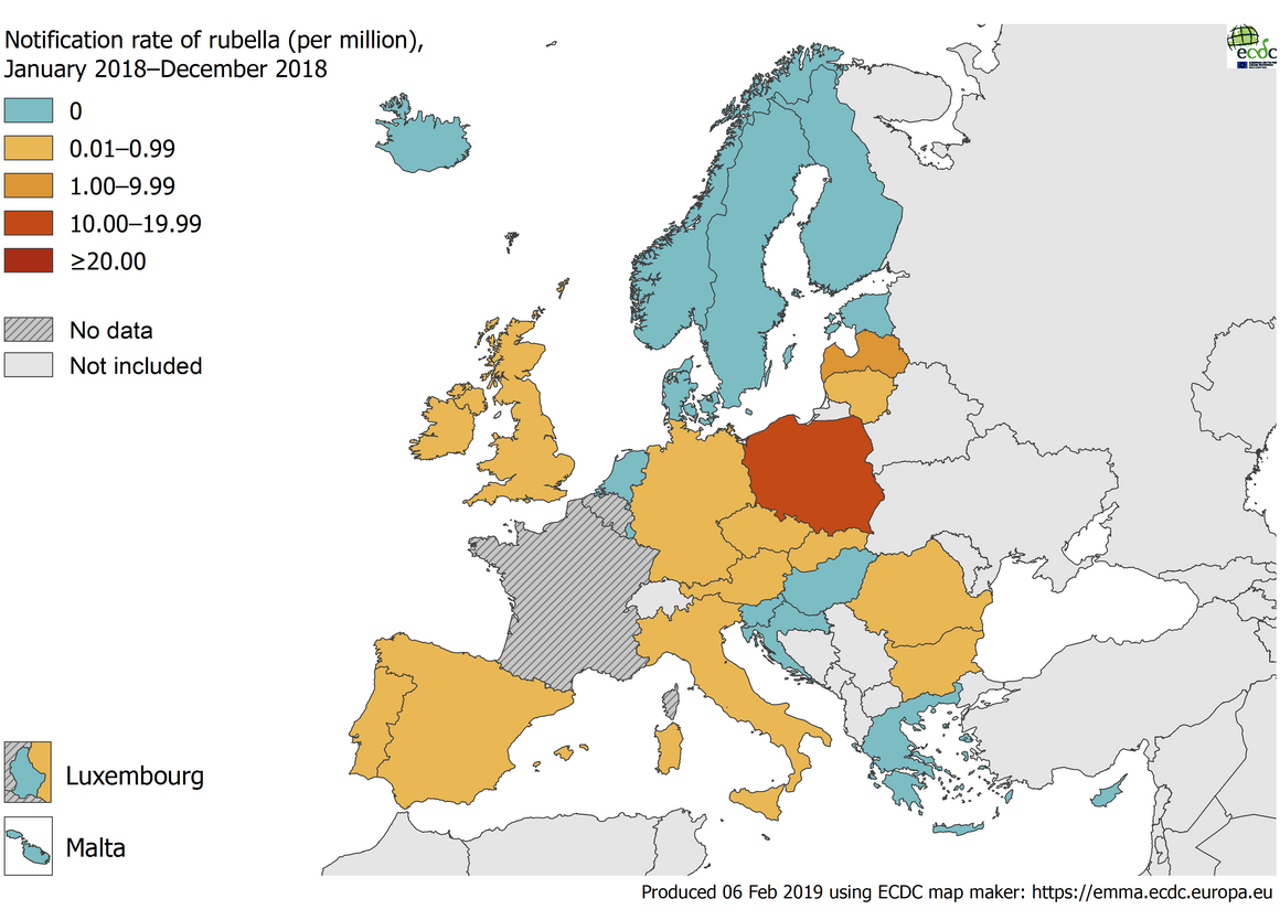 Rubella notification rate per million population by country, EU/EEA, 1 January 2018 to 31 December 2018