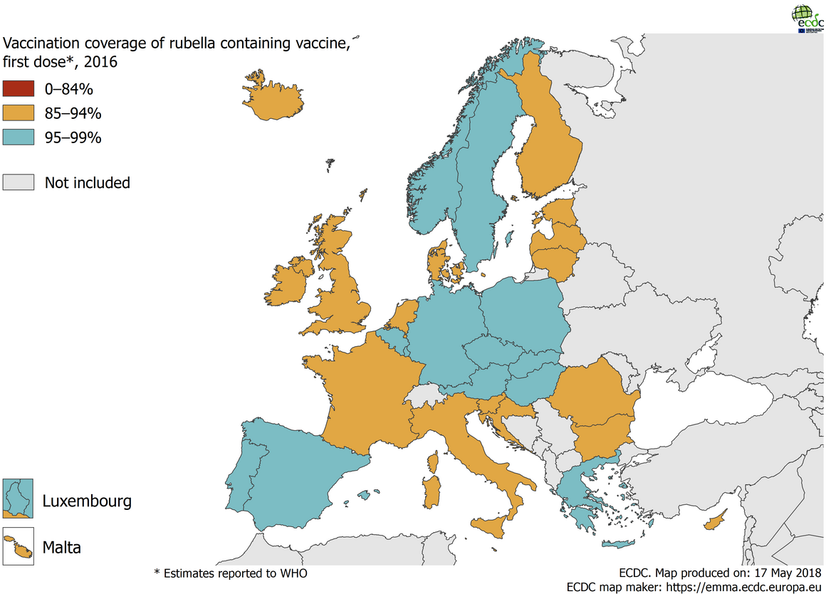 Vaccination coverage for the first dose of rubella-containing vaccine by country, 2016, EU/EEA countries