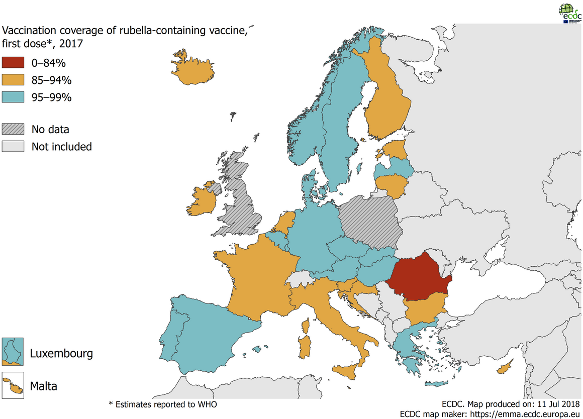 Vaccination coverage for the first dose of rubella-containing vaccine by country, 2017, EU/EEA countries