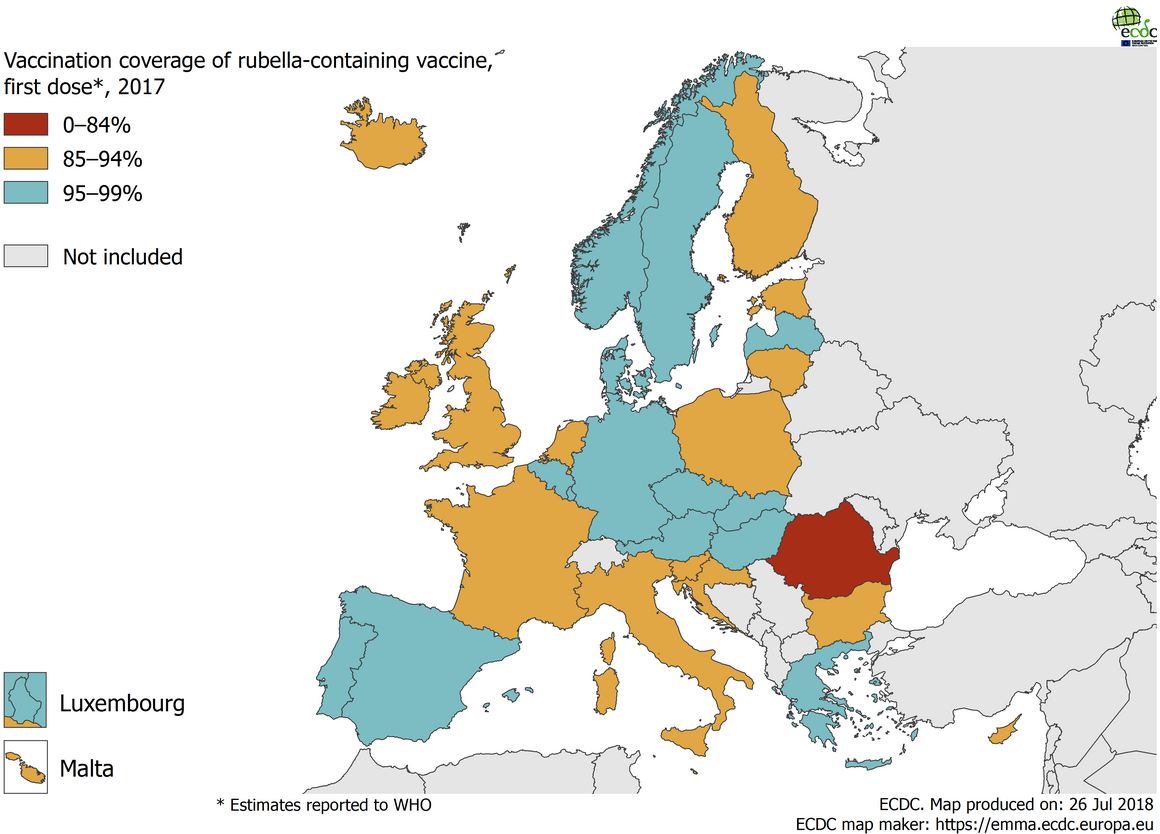 Map showing the vaccination coverage for the first dose of rubella-containing vaccine by country, EU/EEA, 2017 