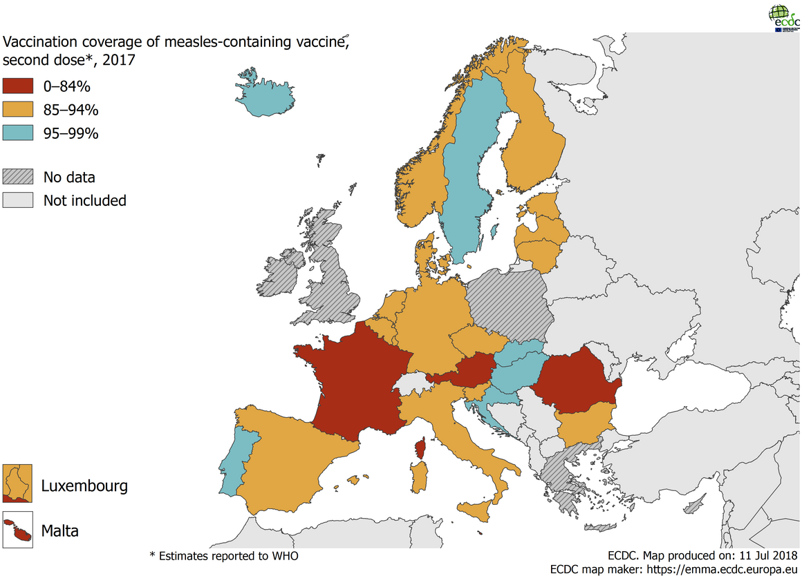 Vaccination coverage for the second dose of measles-containing vaccine by country, 2017, WHO, EU/EEA countries