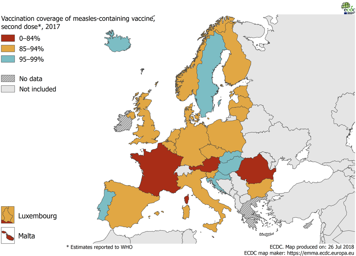 Map showing the vaccination coverage for the second dose of measles containing vaccine, by country, EU/EEA, 2017