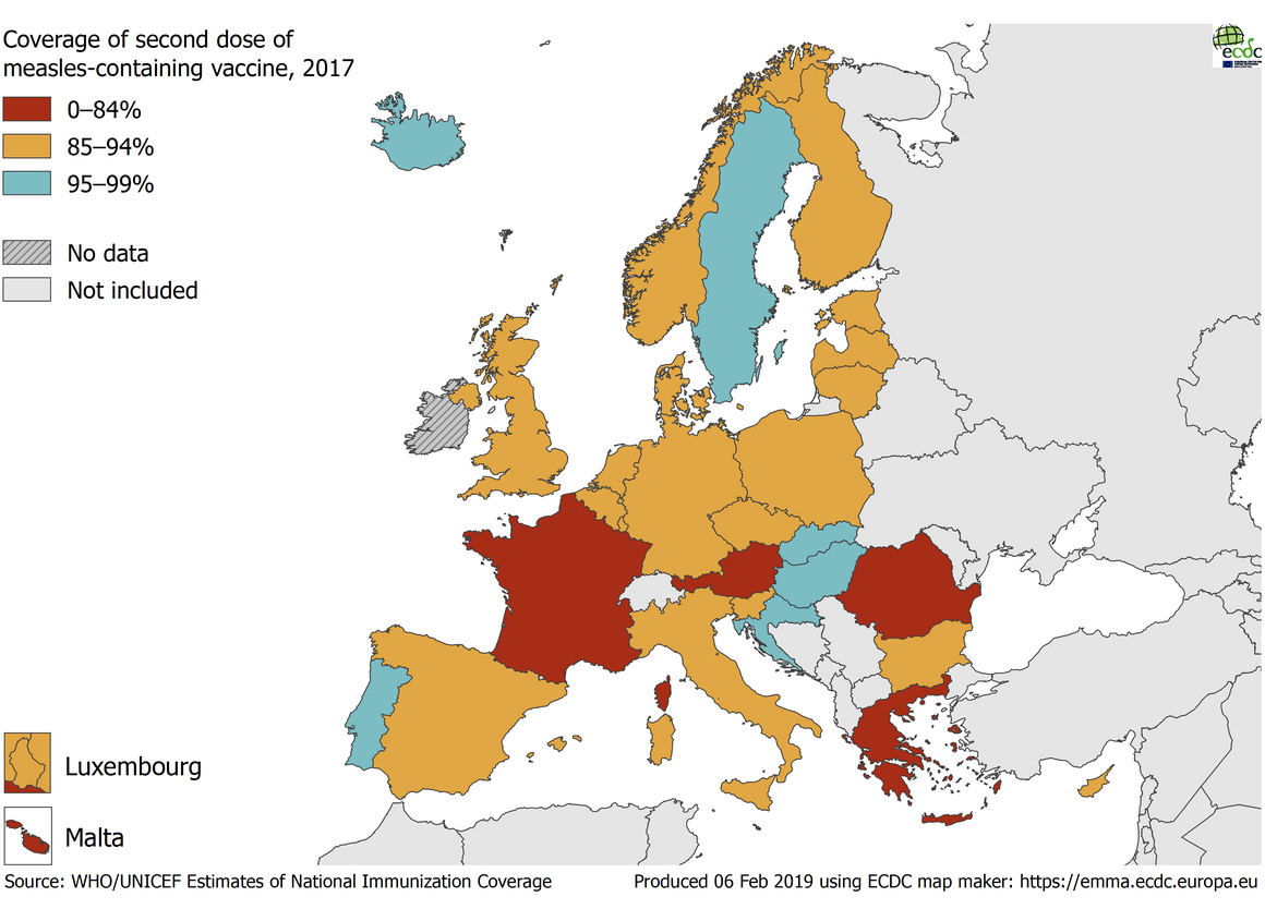 Vaccination coverage for the second dose of measles-containing vaccine, EU/EEA, 2017