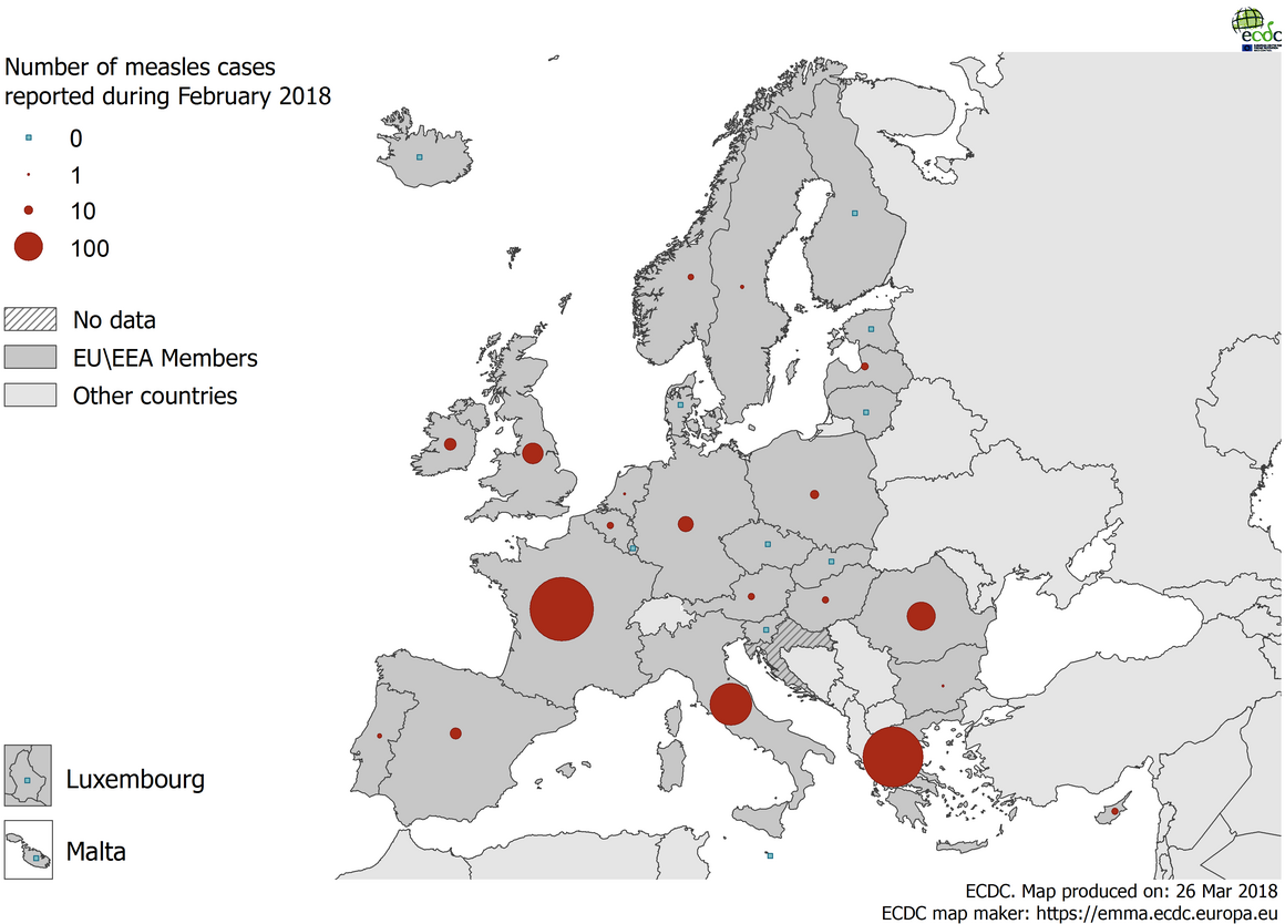  Distribution of measles cases by country, February 2018 in EUEEA countries