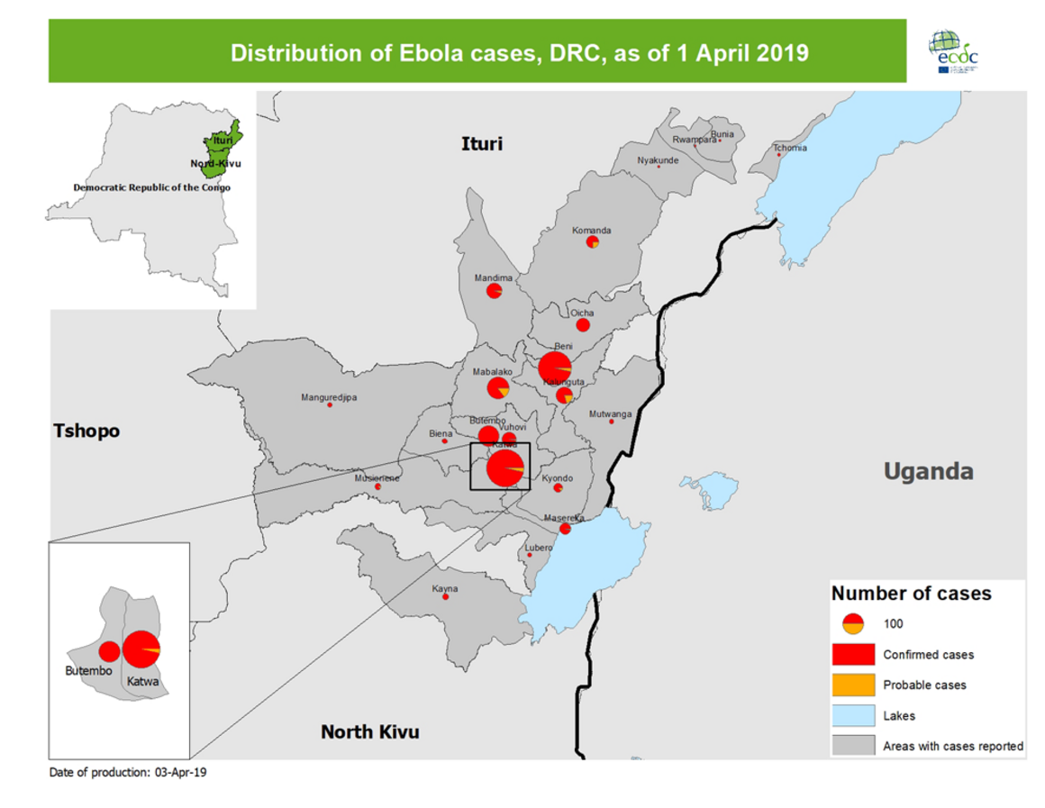 Map - distribution of Ebola cases, DRC, as of 1 April 2019
