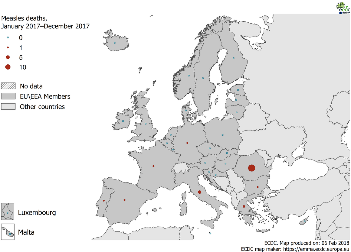 Distribution of measles deaths by country, Jan 2017–December 2017, EU/EEA countries