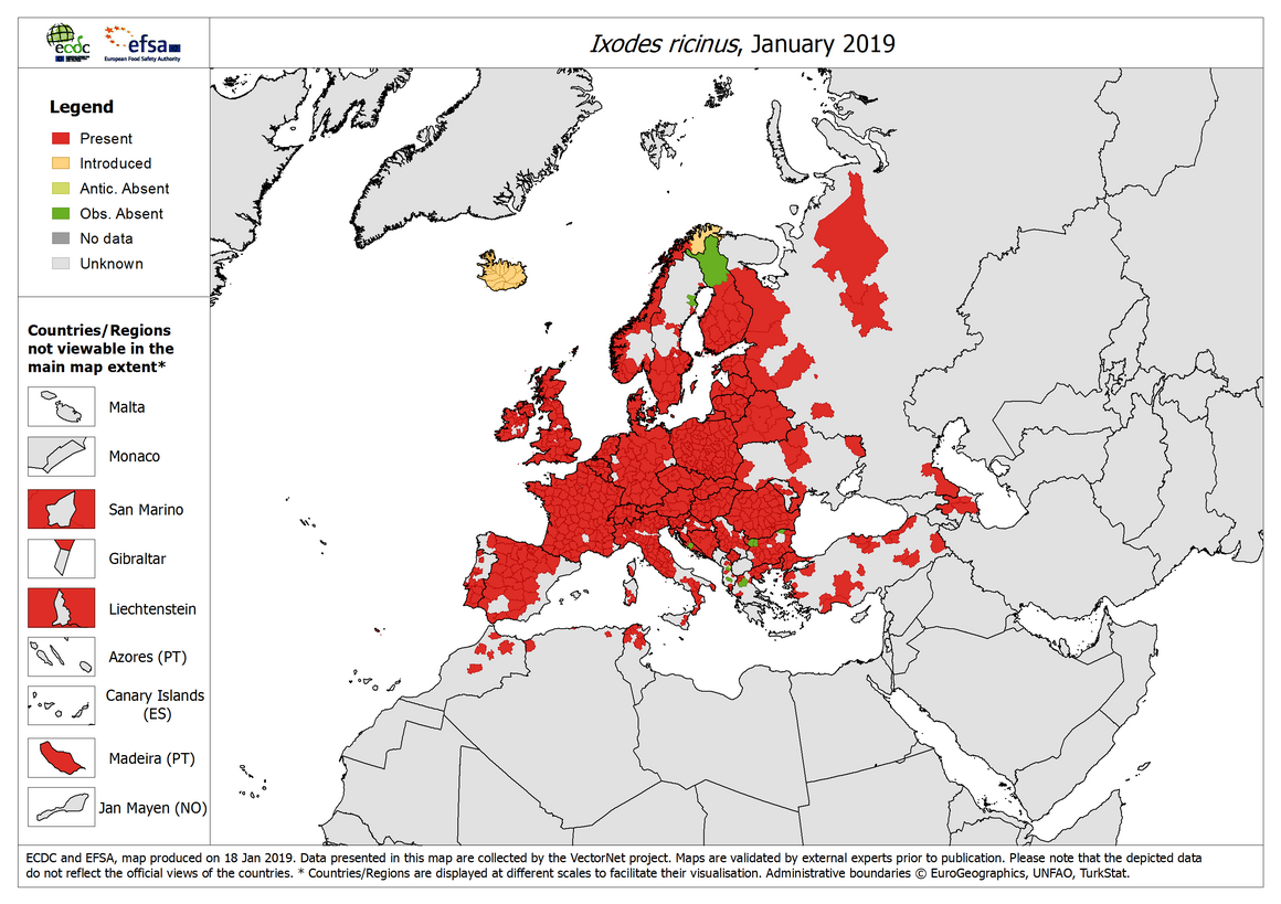 Map: Ixodes ricinus - current known distribution: January 2019