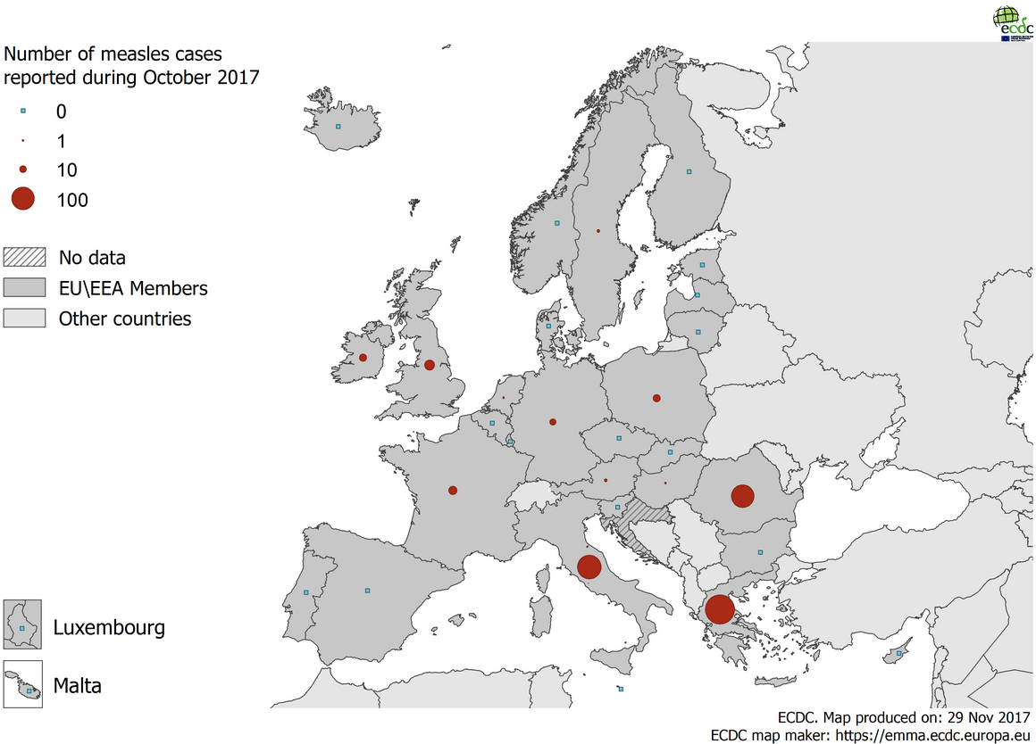 Distribution of measles cases by country, October 2017, EU/EEA countries 