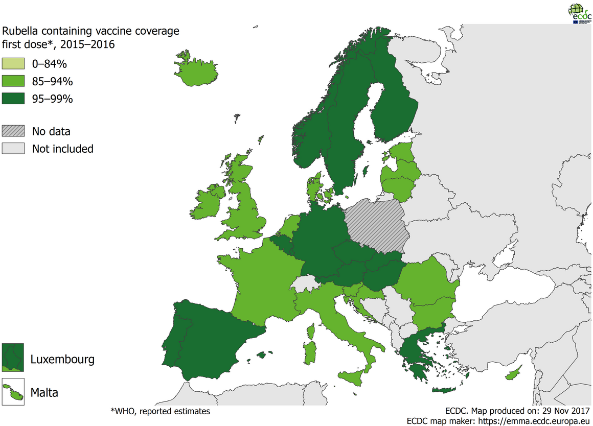 Vaccination coverage for the first dose of rubella-containing vaccine by country, 2015– 2016, WHO, EU/EEA countries