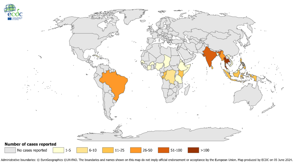 Distribution of travel-associated chikungunya cases reported to ECDC, by place of infection, 2018–2022