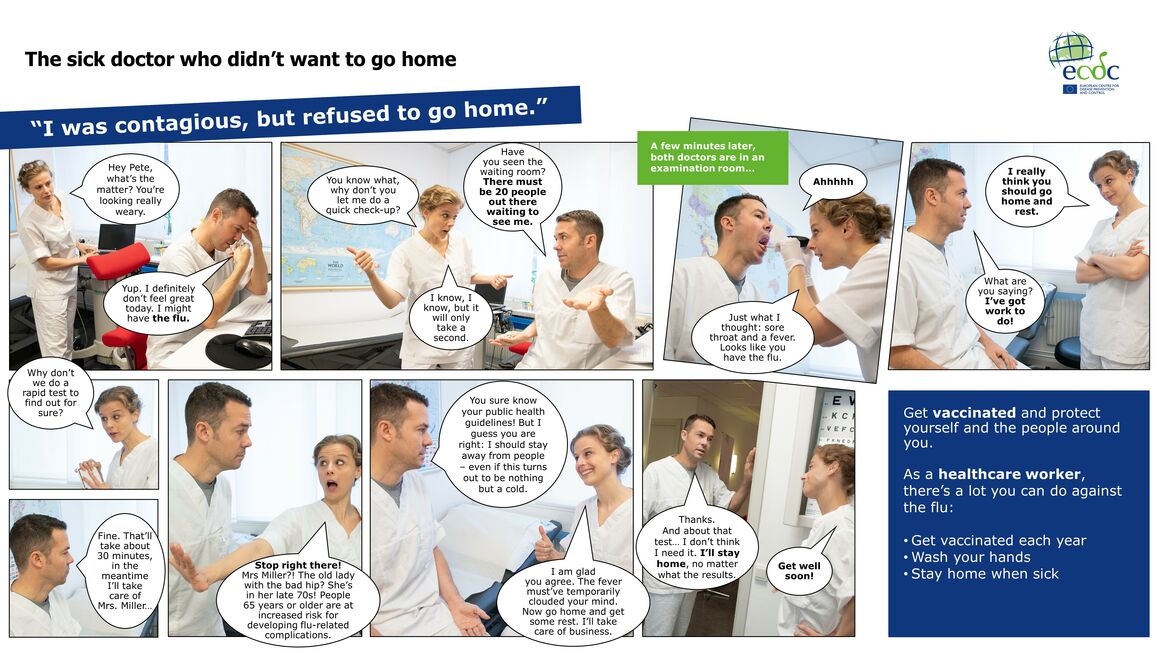 Photo comic to promote seasonal influenza vaccination sick doctor 