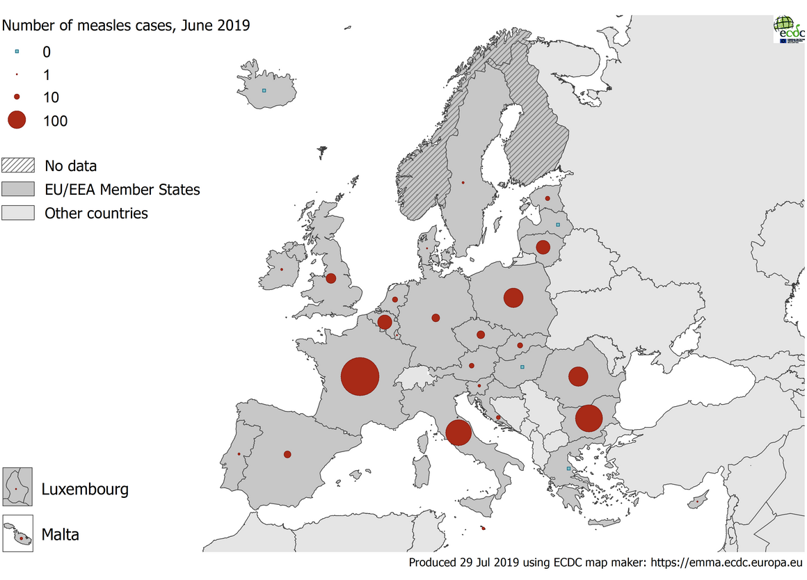 Number of measles cases in EU/EEA in June 2016 