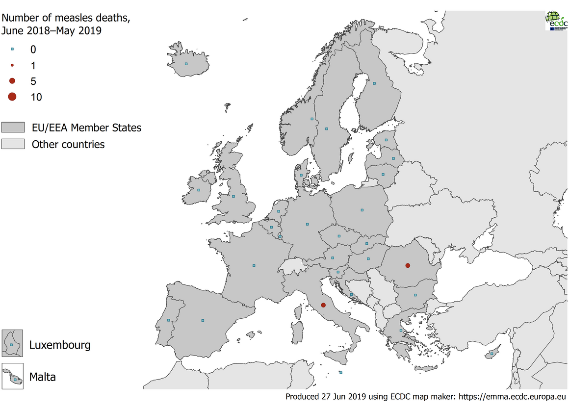Number of measles deaths by country, EU/EEA, 1 June 2018 to 31 May 2019