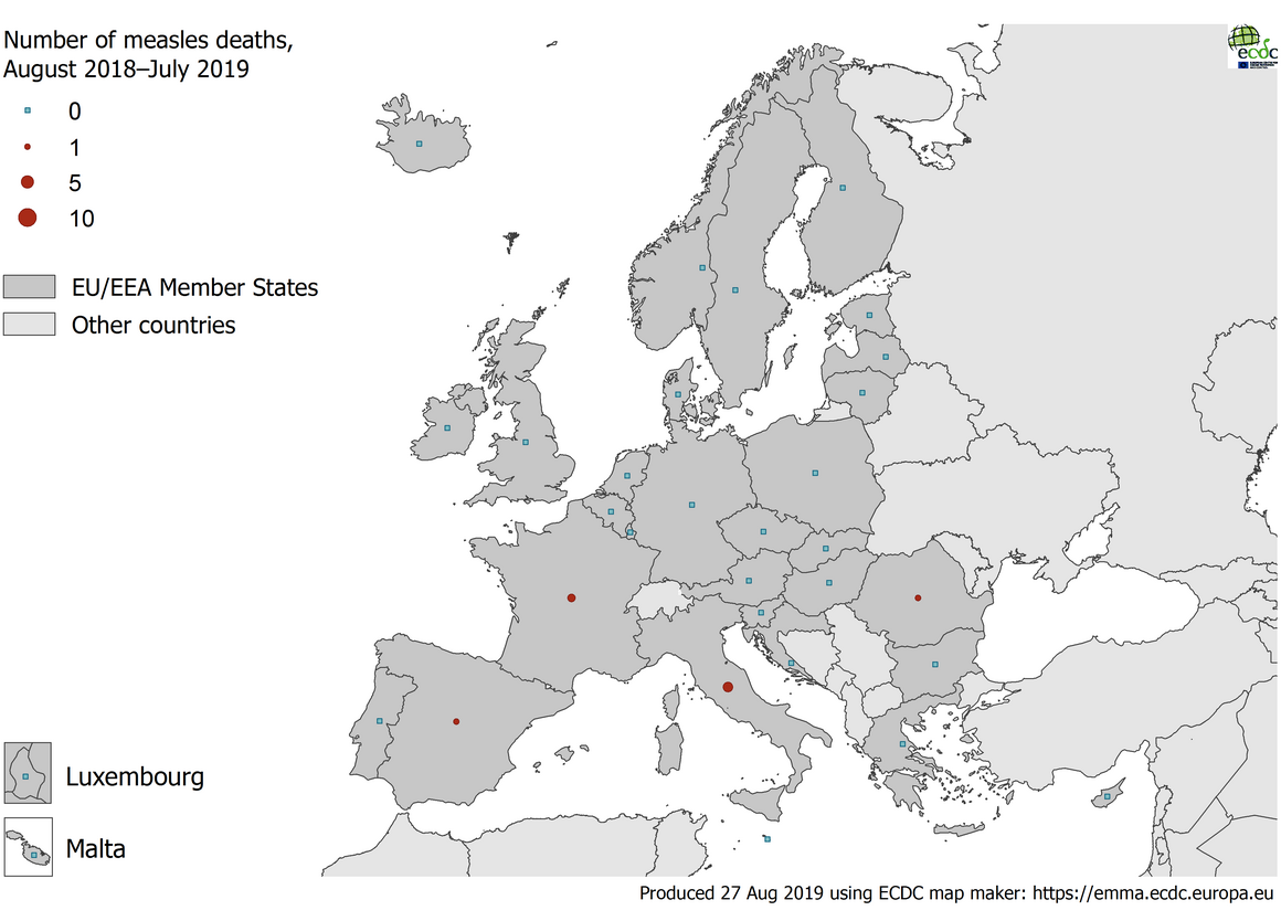 Number of measles deaths by country EU/EEA, August 2018 - July 2019
