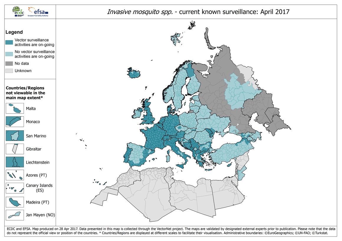 Map showing the surveillance of exotic mosquitoes in Europe, April 2017