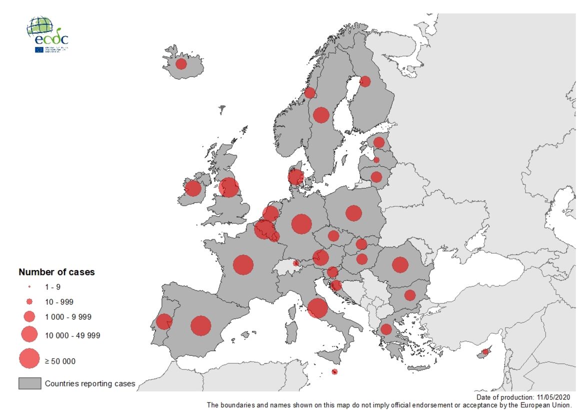 Geographic distribution of COVID-19 in the EU/EEA and the UK, as of 11 May 2020