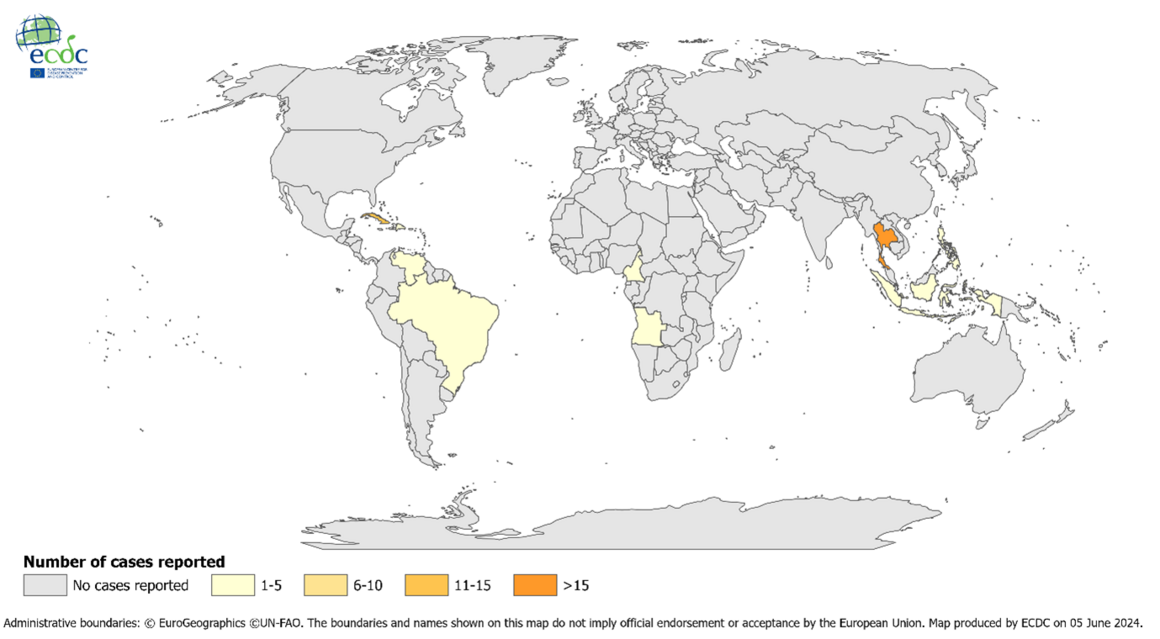Distribution of travel-associated Zika virus disease cases reported to ECDC, by place of infection, 2018–2022