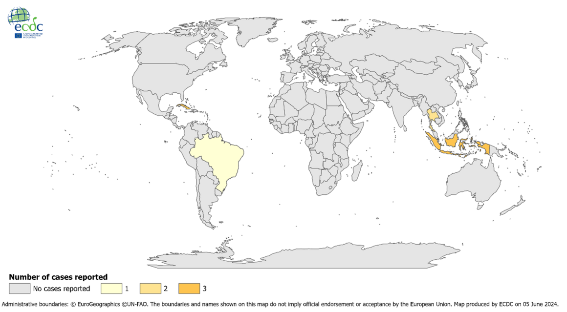 Distribution of travel-associated Zika virus disease cases reported to ECDC, by place of infection, 2022