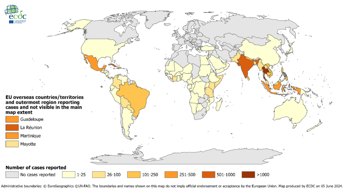 Figure 2. Distribution of travel-associated dengue cases reported to ECDC, by place of infection, 2018–2022