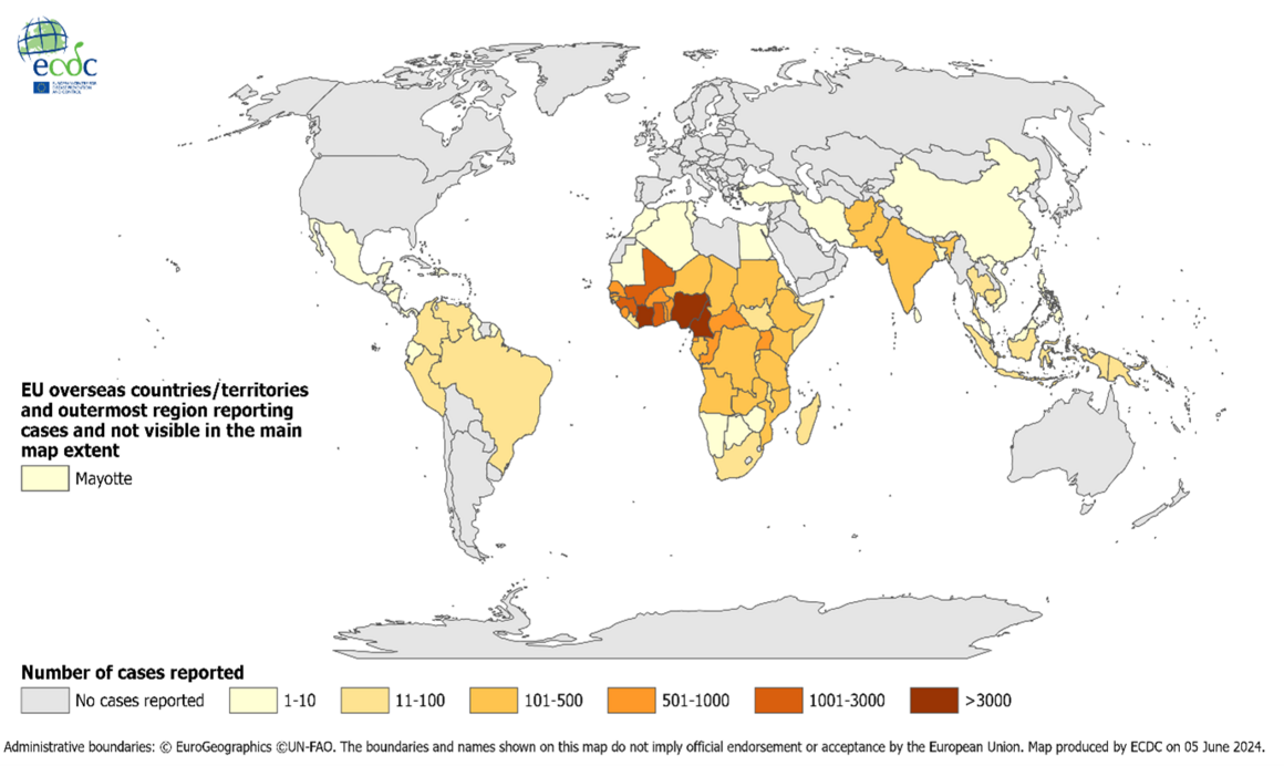 Distribution of travel-associated malaria cases reported to ECDC, by place of infection, 2018–2022