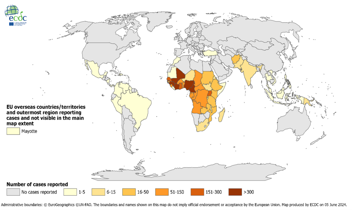 Distribution of travel-associated malaria cases reported to ECDC, by place of infection, 2022