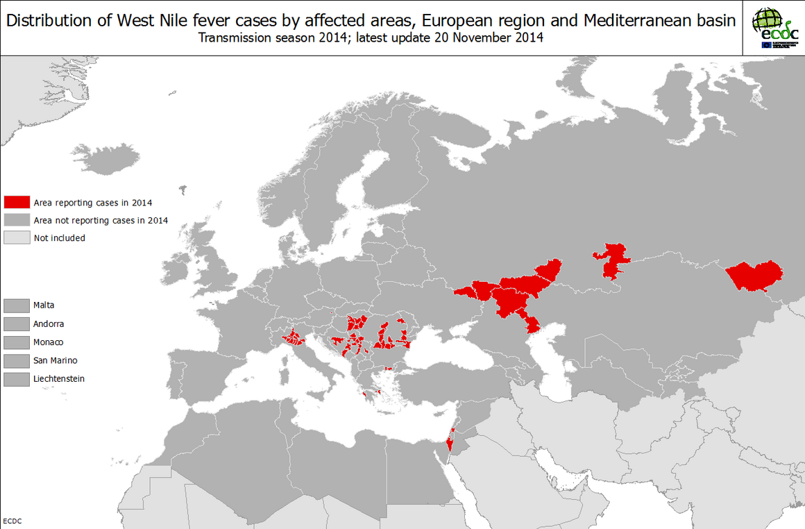 West Nile fever transmission season 2014 - Distribution of West File fever cases by affected areas European region and Mediterranean basin