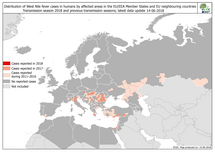 West Nile fever in Europe in 2018 - human cases compared to the previous season; updated 14 June Thumbnail