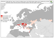 West Nile fever in Europe in 2018 - human cases compared to the previous season; updated 24 August Thumbnail