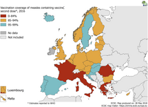Vaccination coverage for the second dose of measles-containing vaccine by country, 2016, WHO, EU/EEA countries Thumbnail