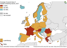 Vaccination coverage for the second dose of measles-containing vaccine, EU/EEA, 2017 Thumbnail