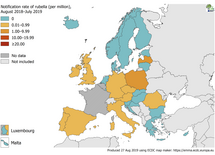 Rubella notification rate per million population by country, August 2018 - July 2019 Thumbnail