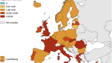Measles notification rate per million population by country, EU/EEA, 1 August 2017–31 July 2018  Thumbnail
