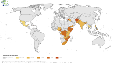 Geographical distribution of cholera cases reported worldwide, August to October 2023