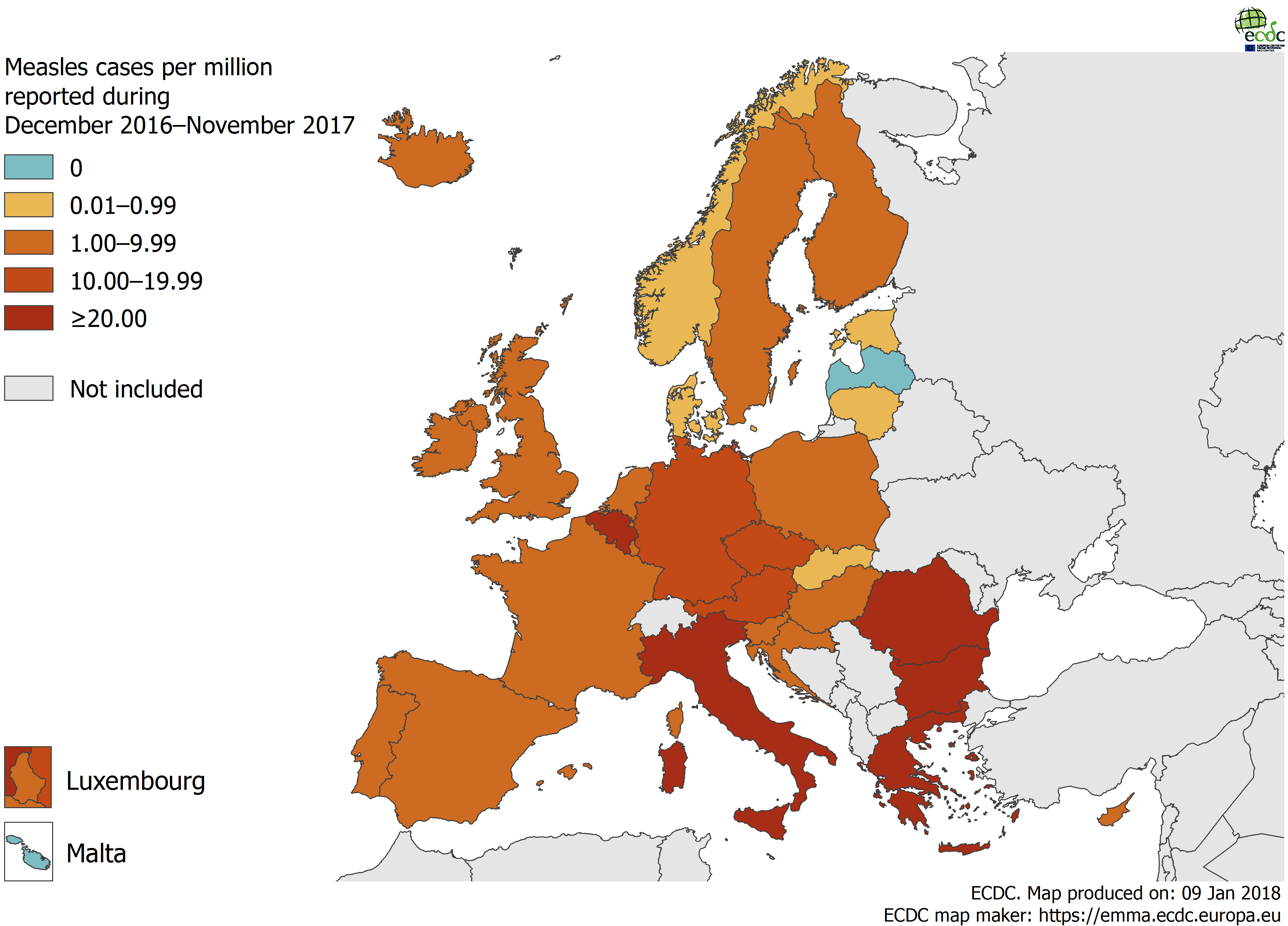 Measles notification rate by country