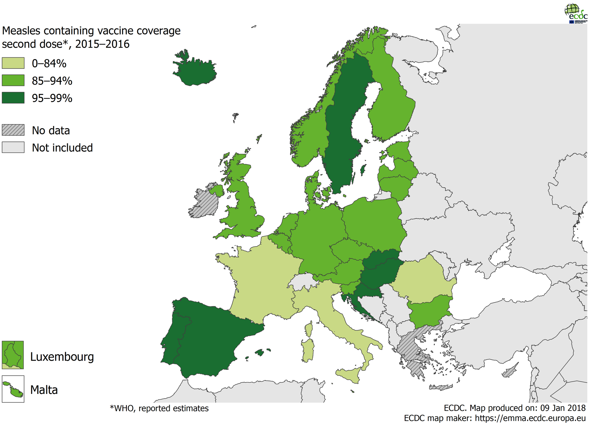 Vaccination coverage for the second dose of measles-containing vaccine by country, 2016, WHO, EU/EEA countries
