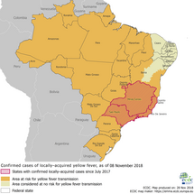 Yellow fever distribution and areas of risk in Brazil, as of 28 November 2018 Thumbnail