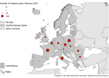 Number of measles cases by country, EU/EEA, February 2019 (n=1 082) Thumbnail