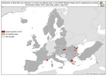 West Nile virus in Europe in 2019 - human cases, updated 1 August Thumbnail